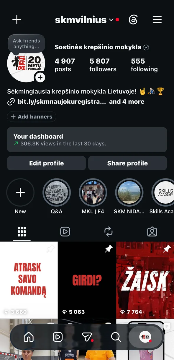 Instagram profile of @skmvilnius with the account dashboard